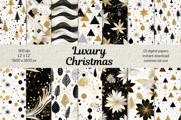 Black White Gold Christmas Paper Bundle