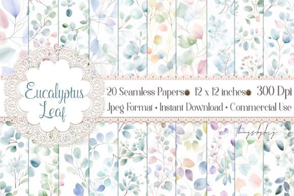 Seamless Watercolor Eucalyptus Leaf Digital Papers